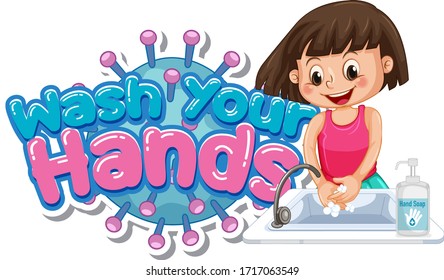 Wash your hands poster design with girl washing hands illustration