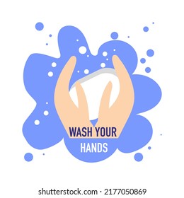 Dos manos con burbujas de agua aisladas en fondo blanco con texto. Lávese las manos con el cartel de ilustración plana vectorial.