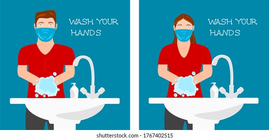 Wash your hands to prevent the spread of disease and infection. Coronavirus preventative measures. Health care tips. Man and woman washing their hands. Flat. Vector Illustration.