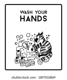 Wash Your Hands. Prevention Of Corona Virus Poster. Funny Cats Vector Illustration