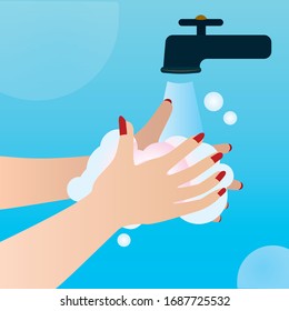 Wash your hands to protect yourself and others from the coronavirus. Coronavirus (COVID-19), White manicured hands washing with soap, disinfectant and water to protect against corona virus to spread. 