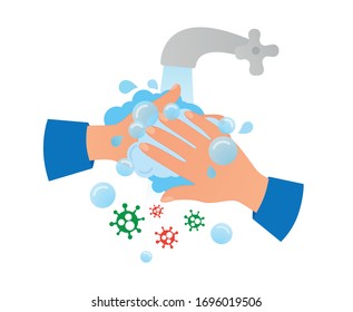 Wash your hands to protect yourself from infection. Washing hands with soap. Vector illustration. 
