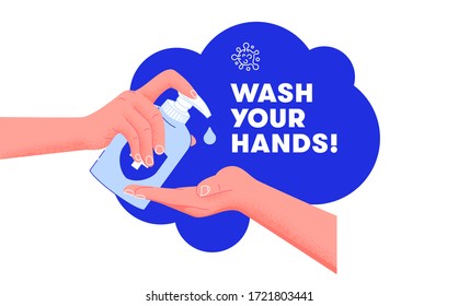 WASH YOUR HANDS in restroom vector illustration sticker! Washing hands rubbing with soap for coronavirus prevention to stop spreading diseases. Hygiene is important.