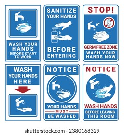 Wash your hands sanitize germ free zone hygiene warning sign emblem set vector flat illustration. Disease prevention and healthcare cleanse procedure reminder poster antibacterial sanitary care