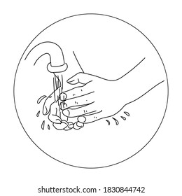 Wash your hands. schematic representation of human hands under running water, vector outline illustration
