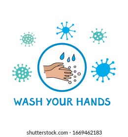 Wash your hands sign illustration. Two hands with water and soap surrounded by coronavirus cells. Brown or latina skin.