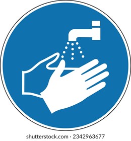 Wash your hands sign. Mandatory sign. Round blue sign. Keep clean hands. Personal hygiene. Wash your hands to avoid disease and bad germs.