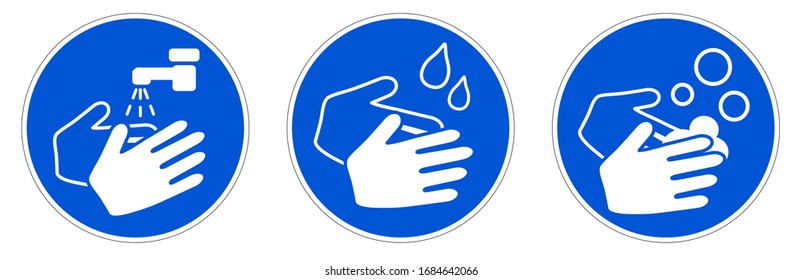 Wash your hands sign. Simple white drawing with water tap, drops and soaps in blue circle. Can be used during coronavirus covid-19 outbreak prevention