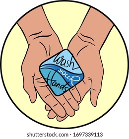 wash your hands with soap in a black circle on a yellow background, sticker, banner, poster in public places, warning against diseases and pandemics, coronavirus, covid-19