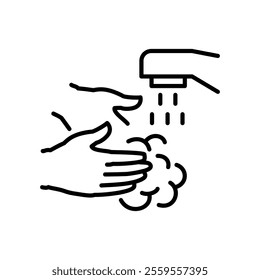 Wash your hands with soap. Hand disinfection, sanitation. Vector graphic sign with editable stroke line. Black line icon.