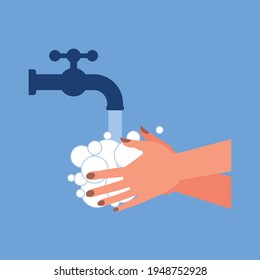 wash your hands with soap, icon washing hands to prevent virus and bacteria, campaign poster self protect from virus with water tap vector illustration simple flat design
