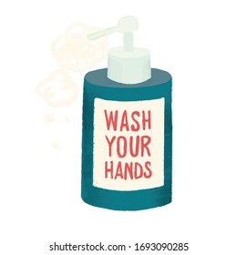 Lávese la ilustración vectorial del jabón de las manos. Gel líquido para lavarse las manos. Protección antivirus. Concepto de atención de salud del virus Corona.