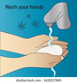 Wash your hands with soap and water. Colored vector illustration. Isolated blue background. Water is pouring from the tap. Bacteria and viruses fly in the air. Washing palms under running water.