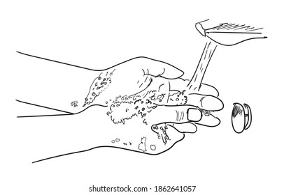 Wash your hands with soap.Hygiene concept Wash your hands with soap in the sinkfor covid-19 prevention, hygiene to stop spreading coronavirus. line drawing vector illustration.