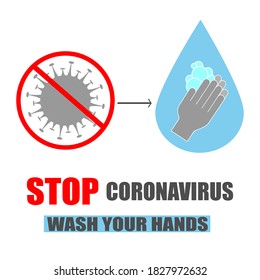 Wash your hands and stop coronavirus sign. Hands holding soap under a stream of water from a tap.Coronavirus prevention. Vector flat illustration . Personal hygiene and disinfection notice.