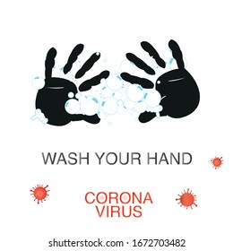 Lávese el texto de las manos con burbujas de jabón y el signo del virus Corona con la letra negra de la mano. Covid 19 vector de brotes pandémicos