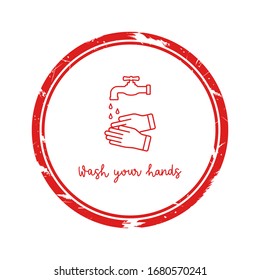 Lávese el signo del icono del vector de las manos con un sello de goma de grunge rojo.