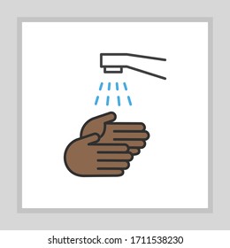 Lávese el icono del vector de las manos. Ilustración de arte de línea. Prevención del coronavirus. Pictograma de la mano de la piel oscura.