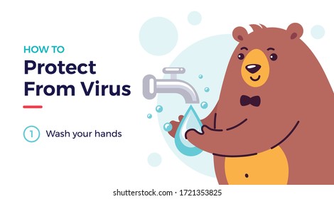 Wash your hands vector illustration with a cute funny bear washing hands. Protect from covid-19 coronavirus virus and prevent any virus disease by washing your hands. Smiling bear character cartoon