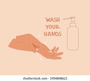 Wash your hands vector illustration, hands with soap foam and lettering, hand written text
