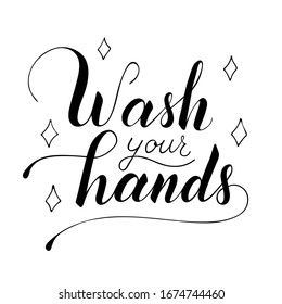 Waschen Sie sich die Vektorillustration, die Text einzeln auf weißem Hintergrund schreibt. Poster über Hygiene. Toilettenartikel, Toilettenangebot. Sicherheitsmaßnahme gegen Viren und Bakterien. Handgezeichnete Illustration