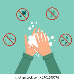 Wash your hands for viruses, infection, and bacteria protection. Washing hands with soap under the faucet with water. Virus character in flat cartoon style. Vector illustration design.