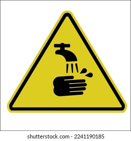 Wash your hands warning sign in yellow triangle. Vector illustration of a yellow triangle sign with hands and tap water inside. Keep clean hands symbol. Virus protection concept.