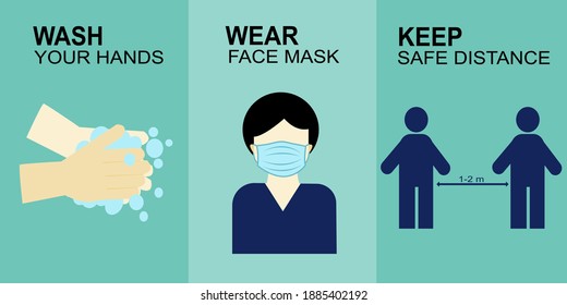 Wash your hands, wear face mask and keep safe distance to protect and prevent from Coronavirus or Covid-19, warning sign vector for use to notice to people