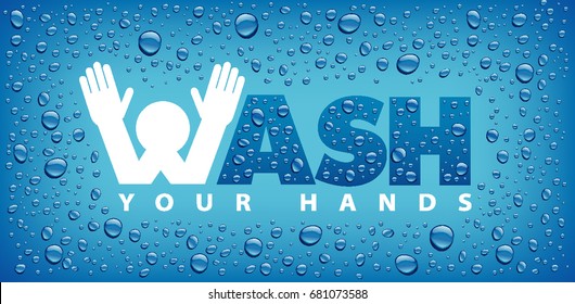 wash your hands-blue background with many water drops