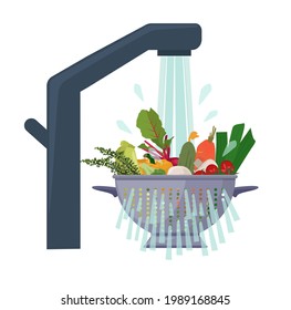 Wash your vegetables before eating. Food in a colander under water, vegetables before cooking. The concept of healthcare. Vector illustration.