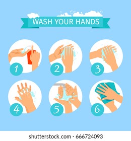 Wash yours hands restroom or medicine vector illustration. People hands washing hygiene infographic icons with soap foam