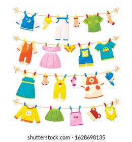 Washable baby clothes, childish things flat vector illustration. Cartoon garment and accessories collection. Girlish and boyish clothing hanging on clothesline isolated on white background