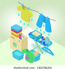 Washable concept banner. Isometric banner of washable vector concept for web, giftcard and postcard