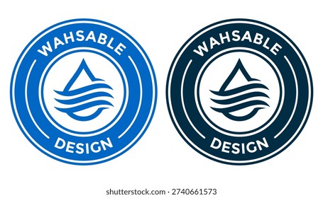 Washable design badges and icons featuring water drops and waves in blue, ideal for laundry instructions, waterproof materials, and textile care labels.