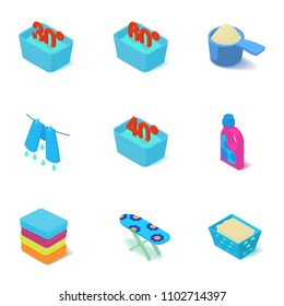 Washable icons set. Isometric set of 9 washable vector icons for web isolated on white background