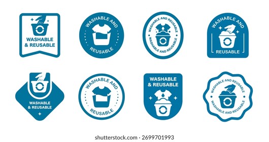 Conjunto de iconos lavables y reutilizables en diseño azul.