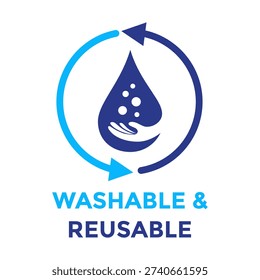Washable and reusable product icon featuring a water drop and circular arrows for sustainable, eco-friendly, and hygienic cleaning instructions vector illustration.