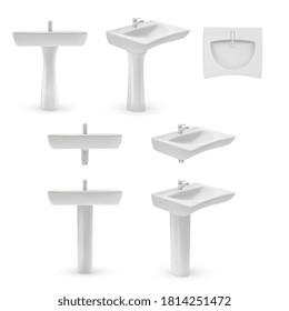 Washbasin 3d illustration. Realistic white ceramic wash sink for bathroom vector. Different design interior item with different angle view. Pedestal, modern, classic washbasin isolated set