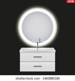 Washbasin cabinet with circle mirror and backlight. Model for bathroom Interior. White porcelain sink and wooden stand cabinet. Front view and wall mount. Vector Illustration isolated on background