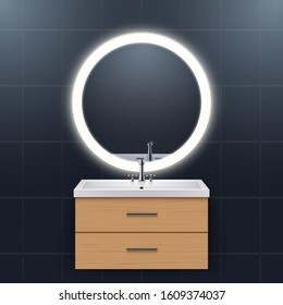 Washbasin cabinet with circle mirror and backlight. Dark Domestic bathroom Interior. White porcelain sink and wooden stand cabinet. Front view and wall mount. Vector Illustration