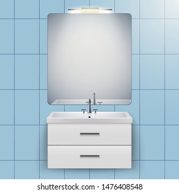 Washbasin cabinet with mirror and light. Domestic bathroom Interior. White porcelain sink and wooden stand cabinet. Front view and wall mount. Vector Illustration