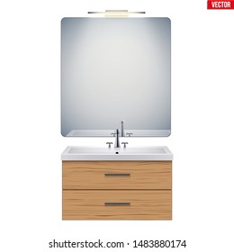 Washbasin cabinet with mirror and light. Model for bathroom Interior. White porcelain sink and wooden stand cabinet. Front view and wall mount. Vector Illustration isolated on white background