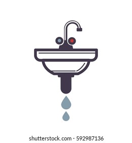 Waschbecken mit beschädigtem Rohr sprühen Wasser einzeln auf weiß. Vektorgrafik in flachem Design des Badezimmerwaschständers mit einem Hahn, zwei Griffen und Waschbecken. Farbiges Plumpenkonzept