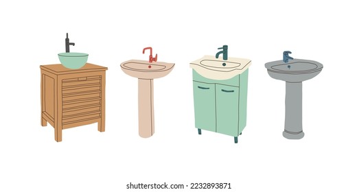 A washbasin with a foot and a washbasin with a cabinet. Toilet sink. Set of vector isolated illustrations on a white background.