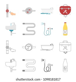 Washbasin, heated towel-dryer, mixer, showers and other equipment.Plumbing set collection icons in cartoon,outline style vector symbol stock illustration web.