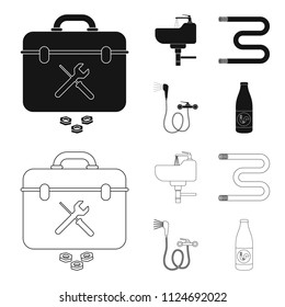Washbasin, heated towel-dryer, mixer, showers and other equipment.Plumbing set collection icons in black,outline style vector symbol stock illustration web.