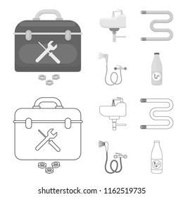 Washbasin, heated towel-dryer, mixer, showers and other equipment.Plumbing set collection icons in outline,monochrome style vector symbol stock illustration web.