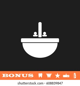 Washbasin icon flat. White pictogram on black background. Vector illustration symbol and bonus button tooth, vase, star, mirror, bottle
