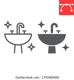 Línea de lavabo e icono de glifo, higiene y baño, vectores de señalización del lavabo de desinfección, icono lineal de trazo editable, eps 10