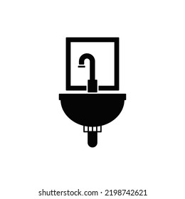 washbasin with mirror icon in black flat glyph, filled style isolated on white background